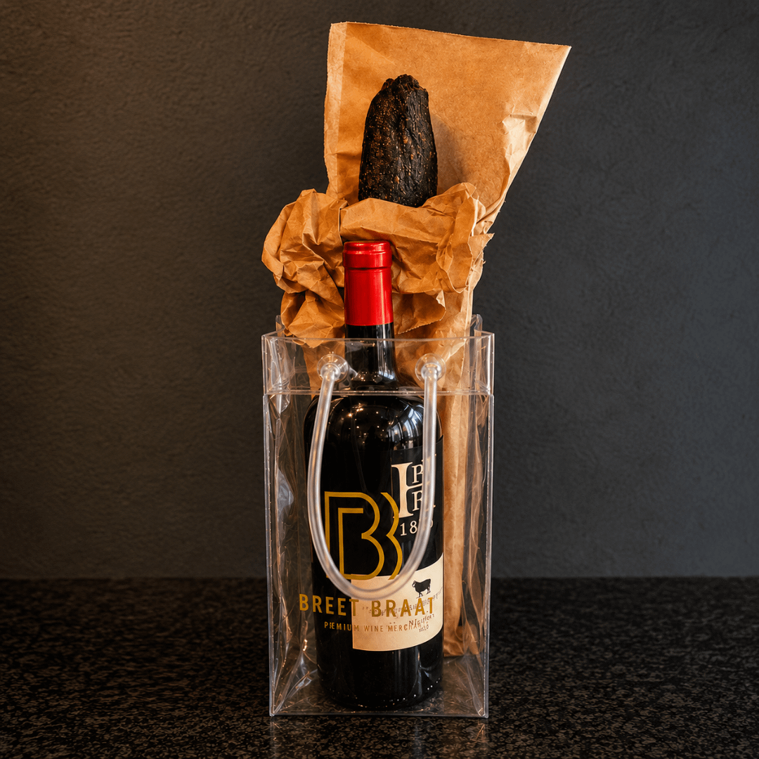 Opsie 2_ Biltong 400g, Bottel wyn R245 en BB yssakkie - R495 Home Breet Braai Slaghuis & Deli