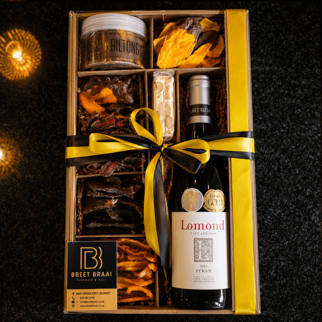 Opsie 6_ 3kg boksie met inhoud van eie keuse soos foto, bottel wyn opsioneel. Waarde kan wissel van R550 - R700 Home Breet Braai Slaghuis & Deli